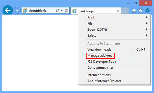 Select the Manage add-ons option in IE