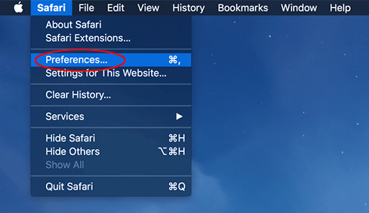 Safari menu bar - Preferences