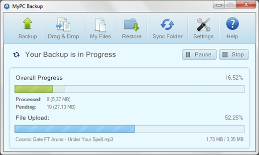 MyPC Backup uploading files to the server